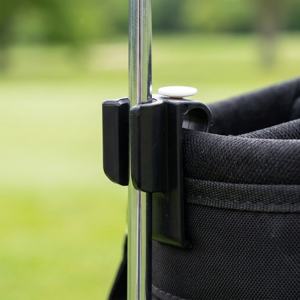Close-up of a black plastic accessory attached to a silver metal pole and a black fabric bag, with a blurred green outdoor background.