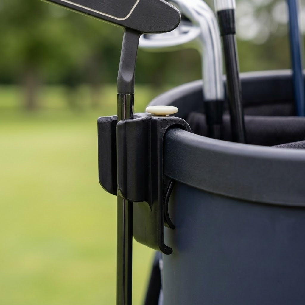 Close-up of a black golf club bag clip holding a golf club, with other golf clubs and a dark golf bag visible against a blurred green outdoor background.
