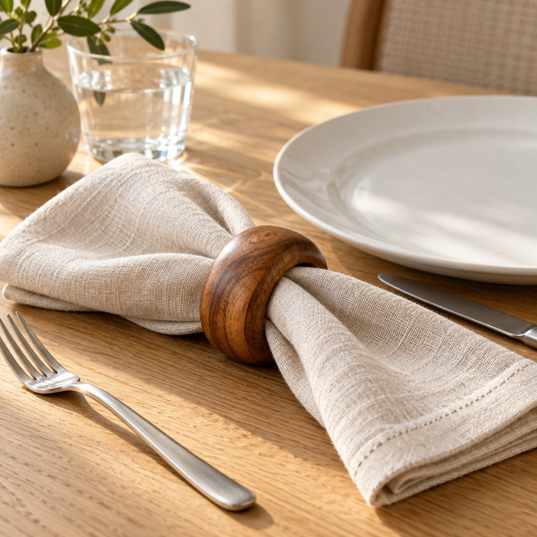 An acacia wood napkin ring dresses a folded linen napkin at an everyday dining place setting.