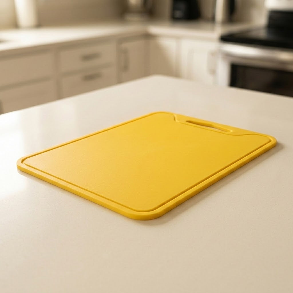 A bright yellow rectangular cutting board with rounded corners and a handle cutout, resting on a white kitchen countertop with a blurred kitchen background.