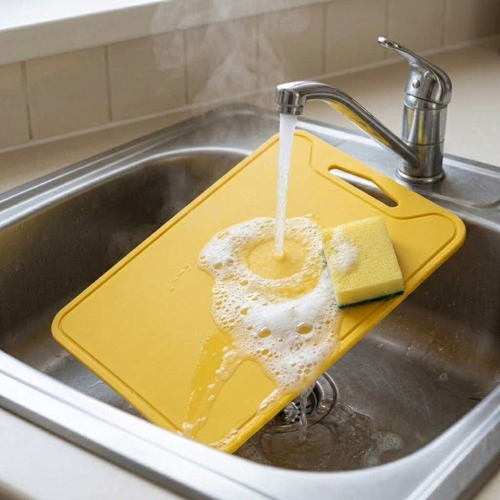 A yellow silicone cutting board rests in a stainless steel kitchen sink under running water, with a sponge on top.