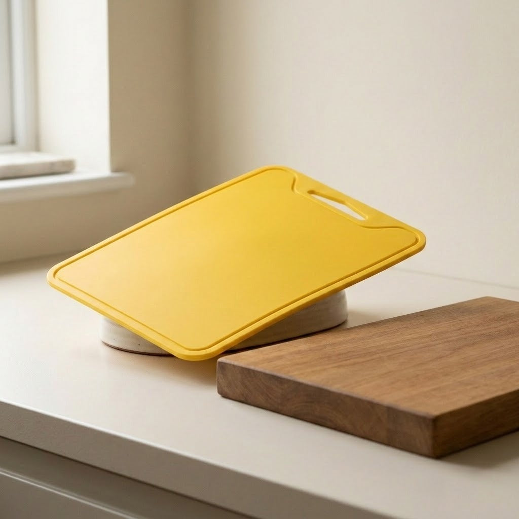 A bright yellow rectangular cutting board with a handle, shown resting at an angle on a white surface next to a wooden board in a softly lit indoor setting.