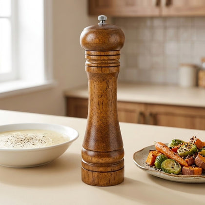 A tall wooden pepper mill with a warm medium-brown finish stands on a kitchen counter, with a bowl of soup and a plate of roasted vegetables in a softly blurred kitchen background.