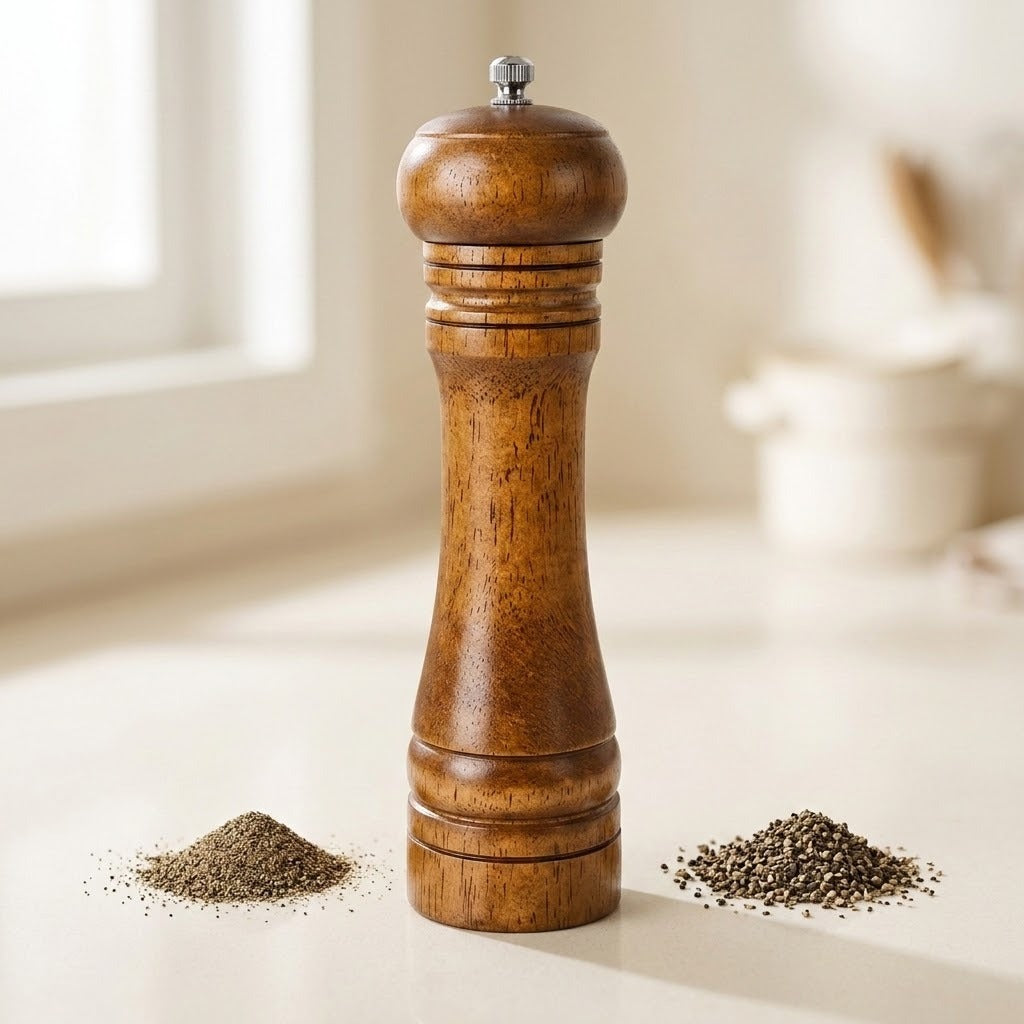A wooden pepper mill grinder with a silver metal top knob stands on a light surface, flanked by small piles of black pepper in the foreground, with a softly blurred kitchen background.