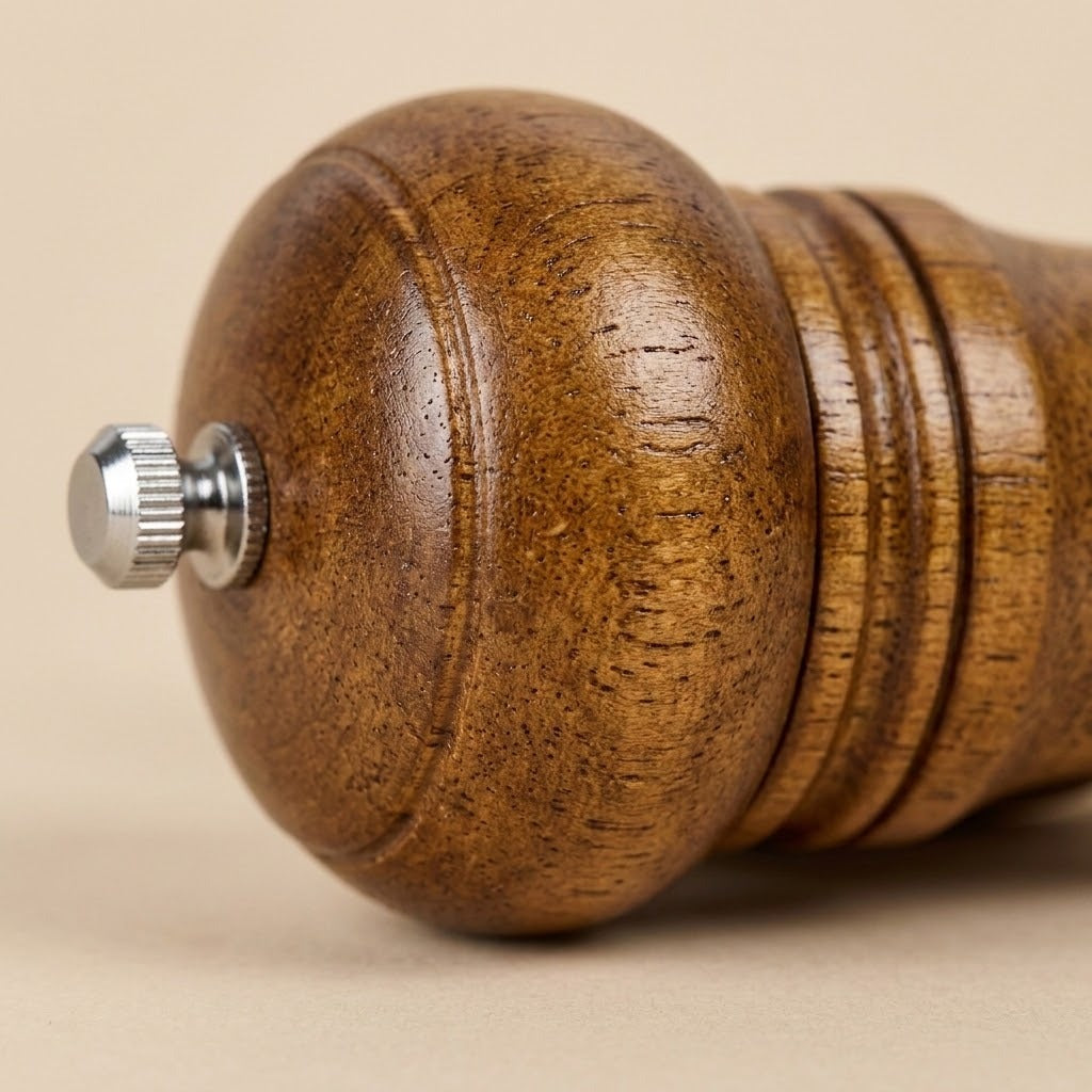 A close-up of a wooden pepper mill grinder showing its polished brown wood grain and a silver metal adjustment knob, set against a solid beige background.