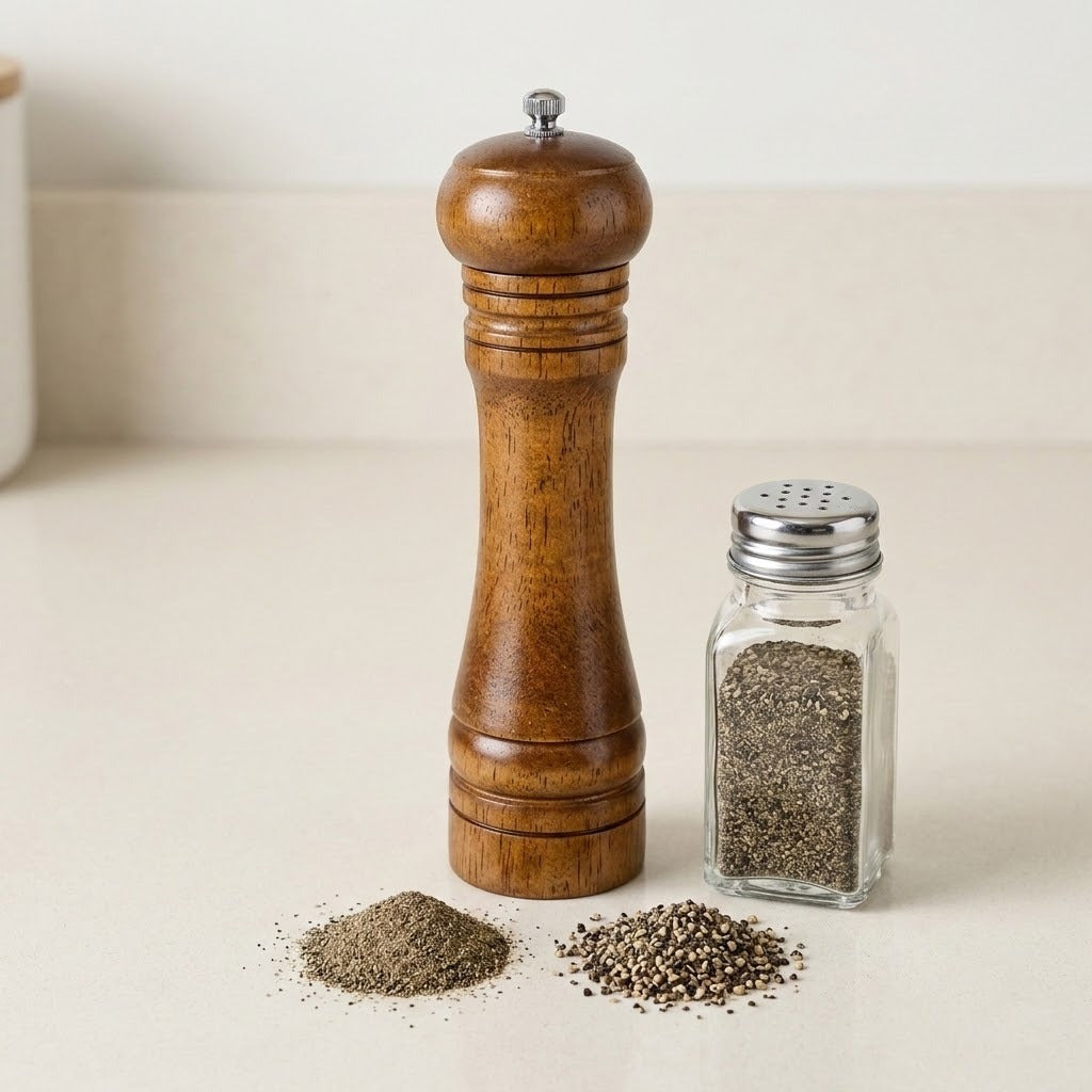 A wooden pepper mill with a silver top knob stands next to a clear glass shaker bottle filled with coarse black pepper, with small piles of ground pepper in front on a light beige countertop.