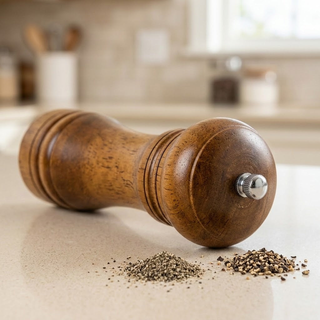 A wooden pepper mill grinder with a silver metal adjustment knob, lying on a light beige countertop with coarse salt and pepper scattered in front, against a blurred kitchen background.