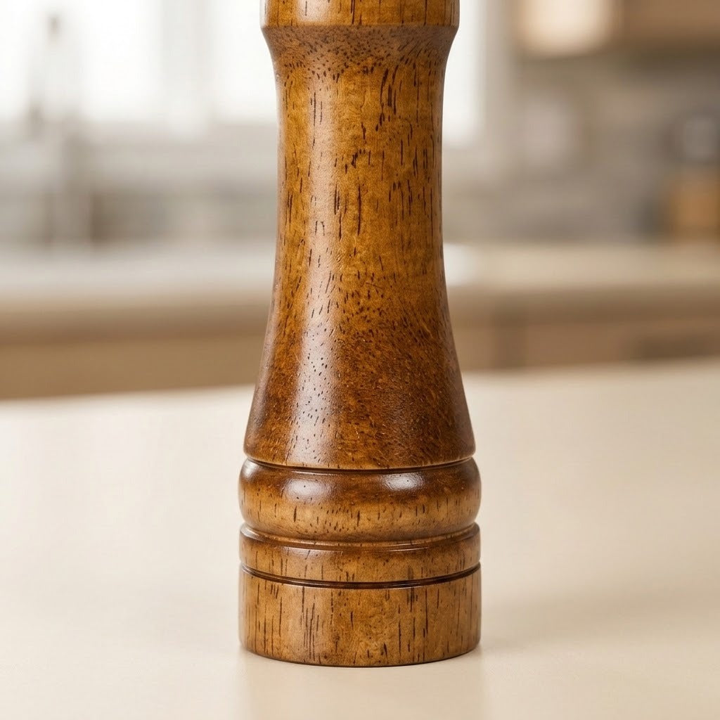 A close-up of a polished wooden pepper mill grinder with a warm brown finish, standing on a light beige surface with a softly blurred kitchen background.