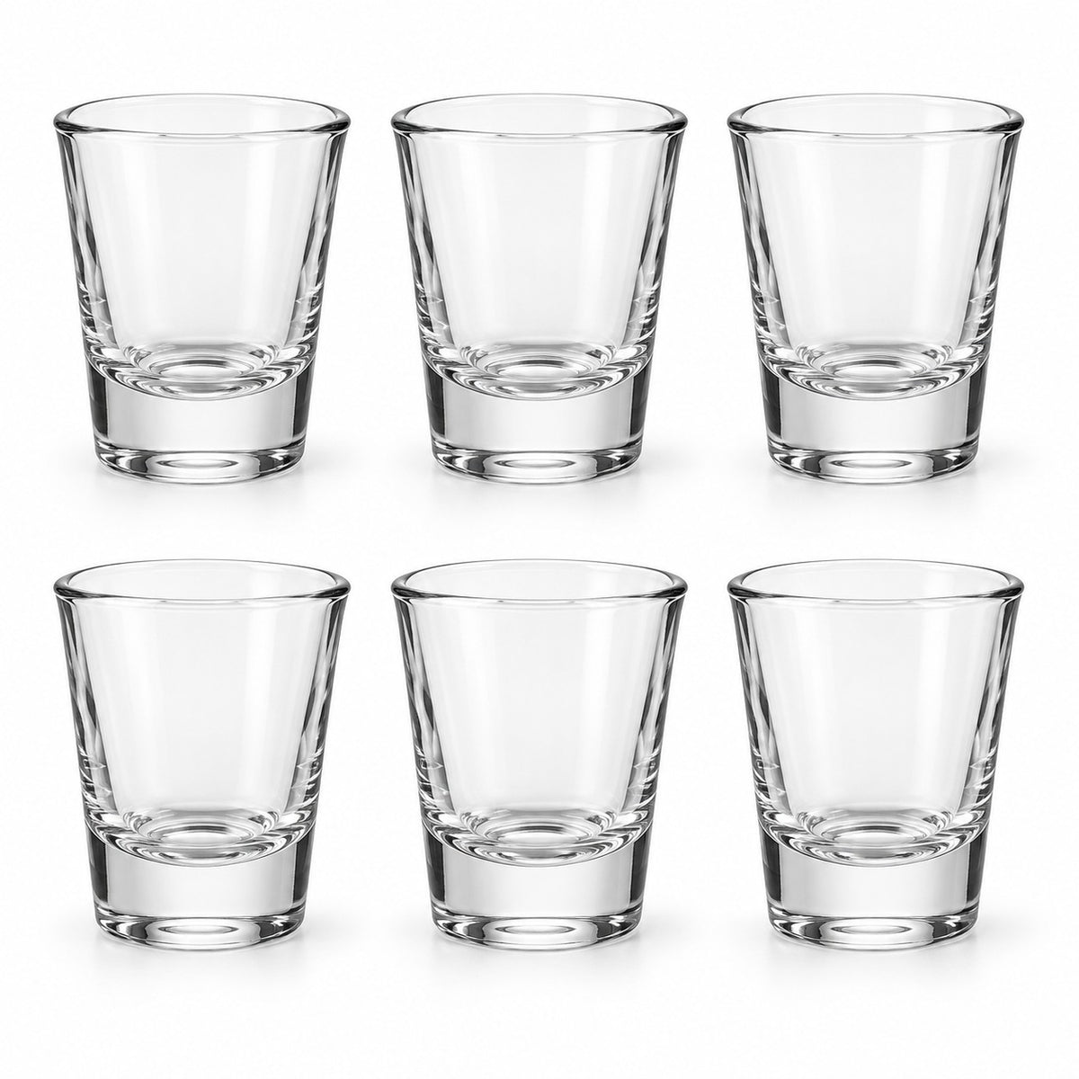 Six matching clear glass shot glasses are arranged together on a white background.