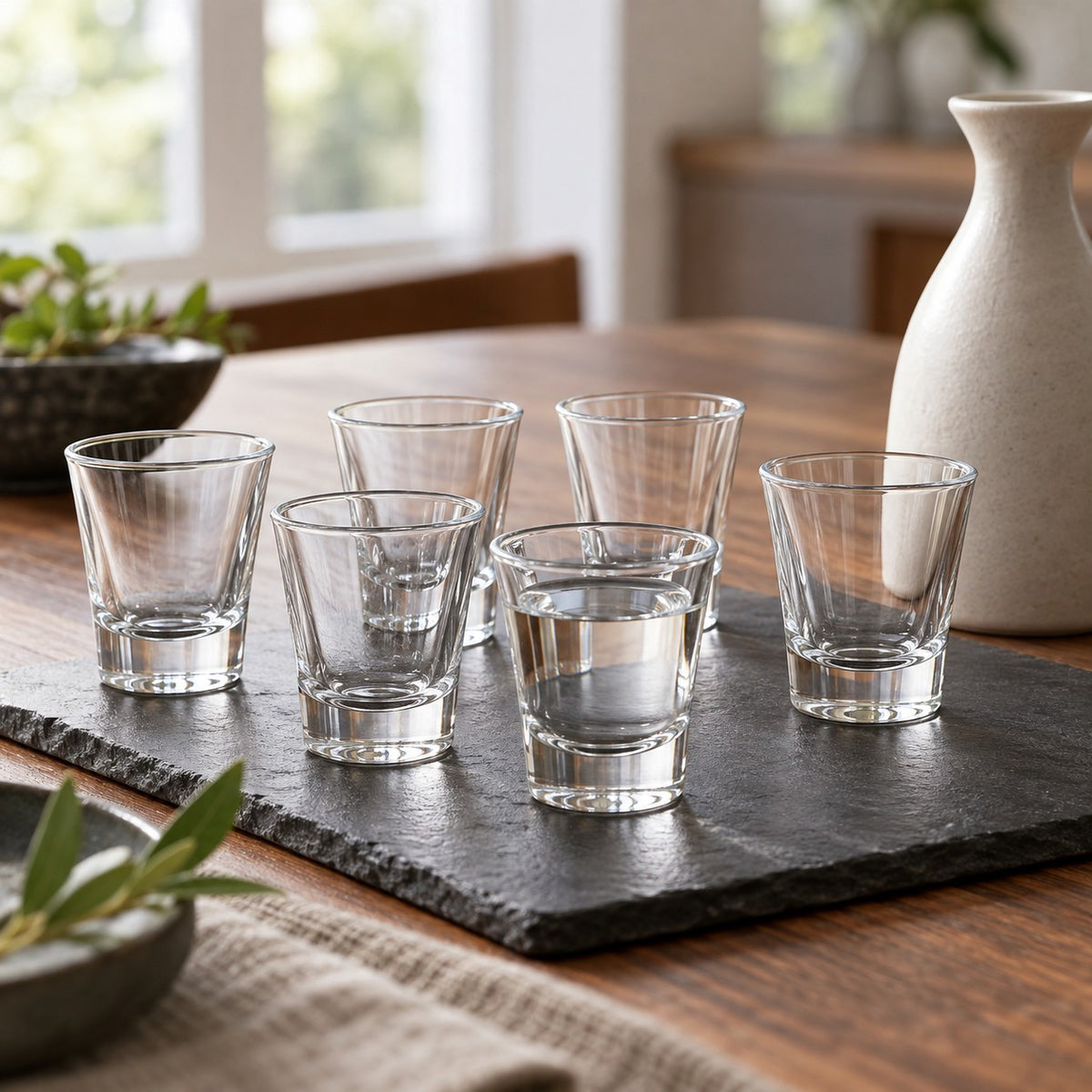 Clear glass shot glasses hold small spirit pours on a home tasting table.