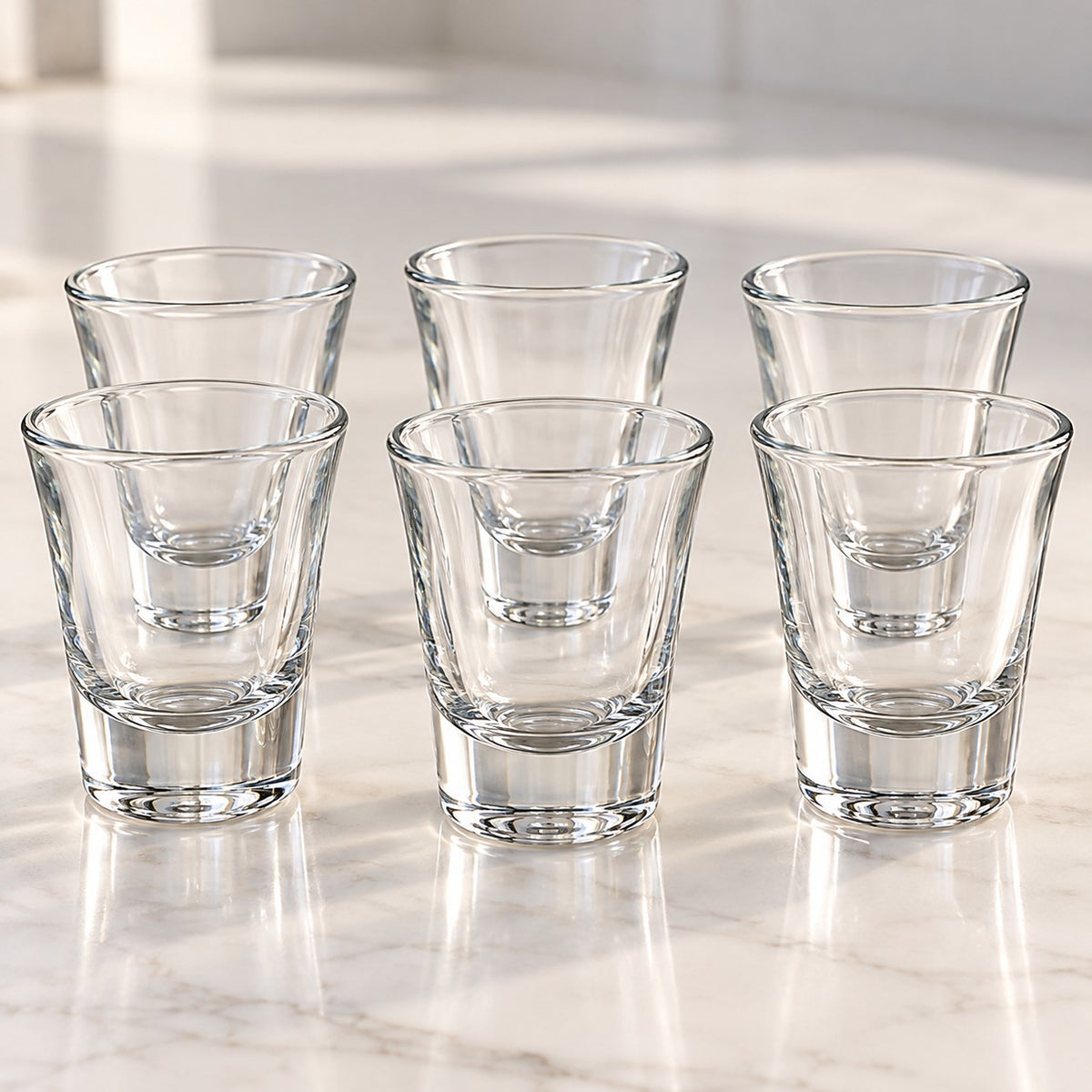 Six clear tapered shot glasses show their transparent walls and thick, sturdy bases.