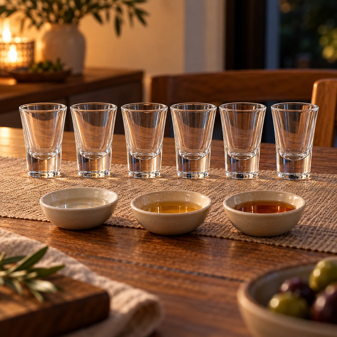 Clear glass shot glasses sit beside separate tasting pours on a softly lit home table.