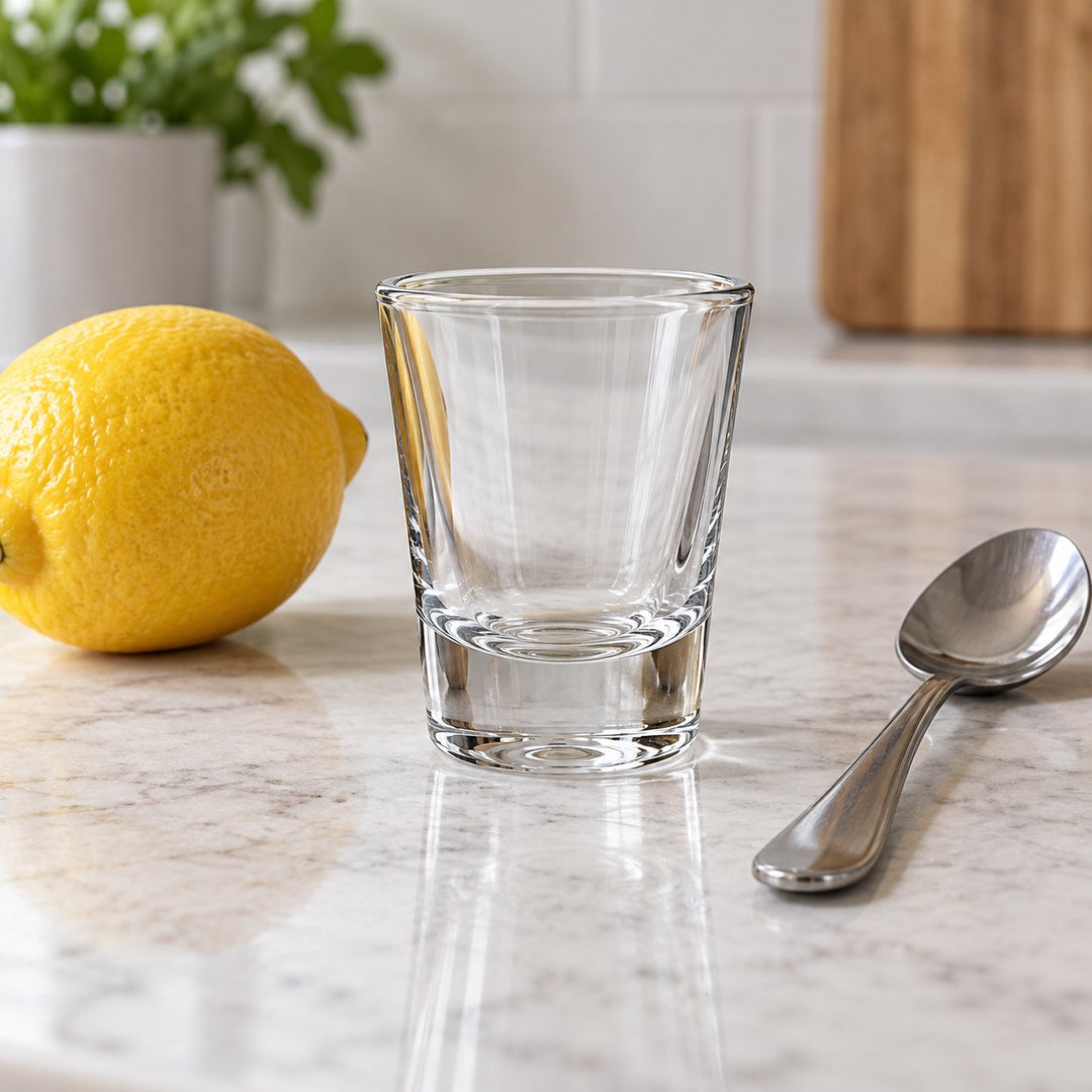 A clear glass shot glass sits beside a lemon and teaspoon to show its compact scale.
