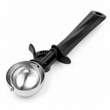 One stainless steel and black ABS ice cream scoop shown alone on white.