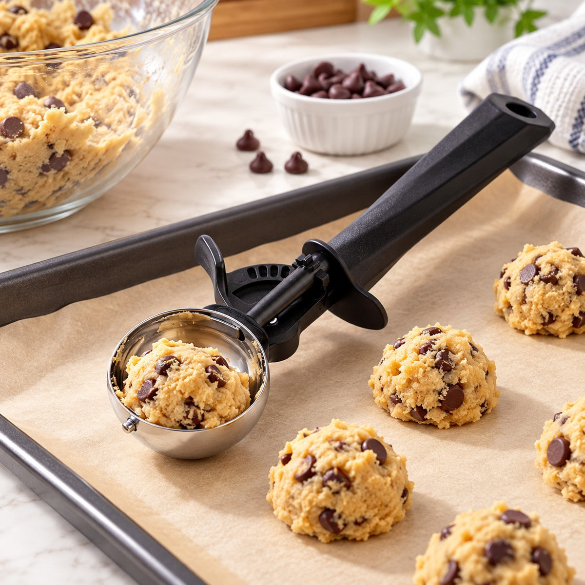Ice cream and cookie scoop portions dough onto a baking tray in a home kitchen.