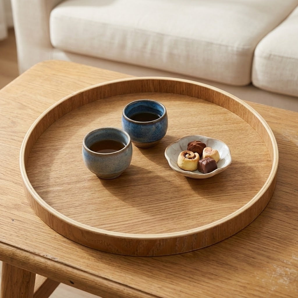 A round wooden serving tray on a wooden table, holding two small ceramic cups and a small dish of pastries, with a blurred sofa in the background.