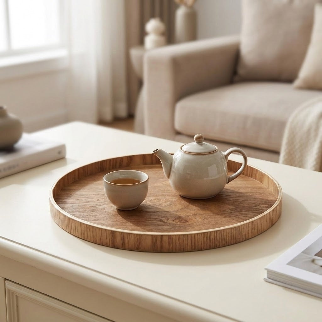 A round wooden serving tray on a white table, holding a ceramic teapot and a small cup in a softly lit living room setting.