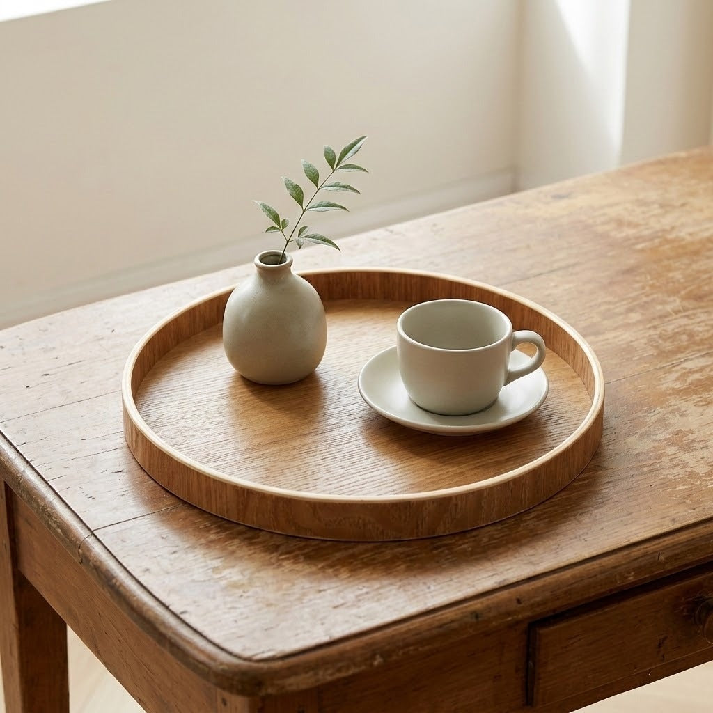 A round wooden serving tray placed on a rustic wooden table, holding a small matte ceramic vase with a sprig and a matching cup and saucer.