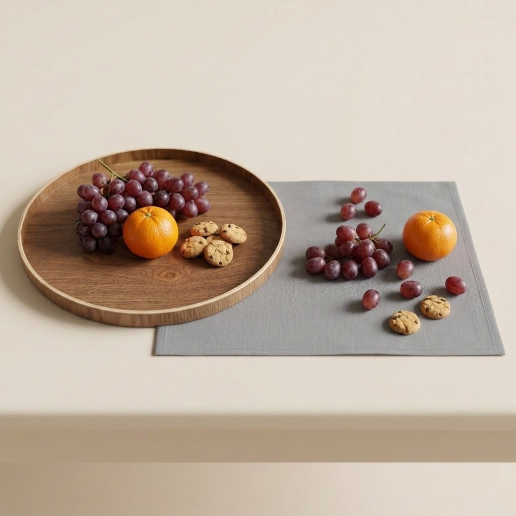 A styled tabletop scene with a round wooden tray holding grapes, an orange, and cookies beside a gray rectangular placemat with scattered grapes, an orange, and cookies on a cream background.
