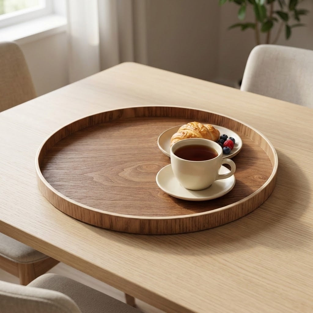 A round wooden serving tray on a light wood dining table, styled with a small plate of pastries and a cup of tea.