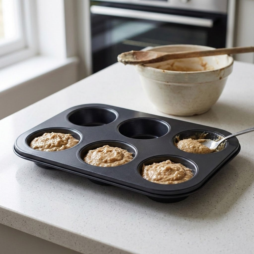 A black six-cup muffin tray filled with batter sits on a light countertop in a kitchen setting, with a mixing bowl and wooden spoon in the background.