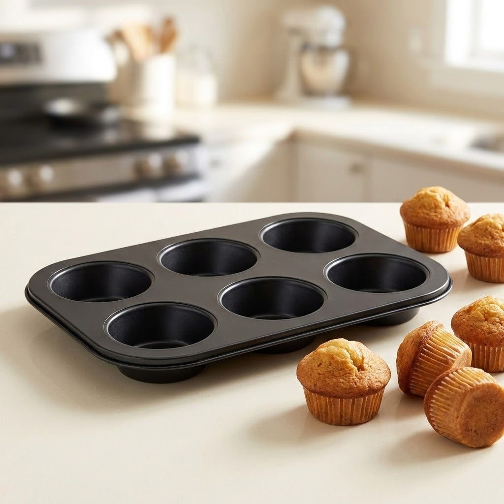 A six-cup black muffin tin on a light countertop with several baked golden-brown muffins nearby, set against a softly blurred kitchen background.