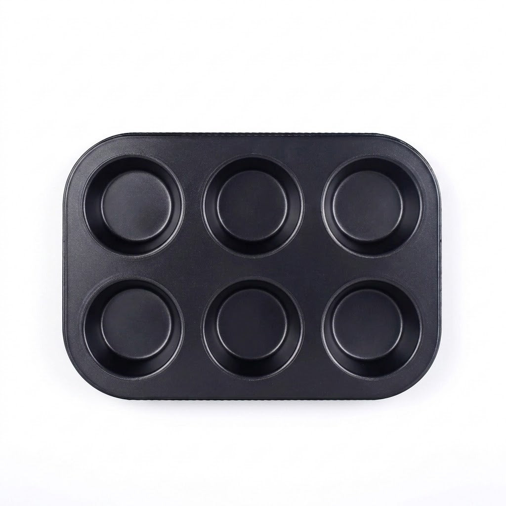 Black six-cup muffin tray on a white background