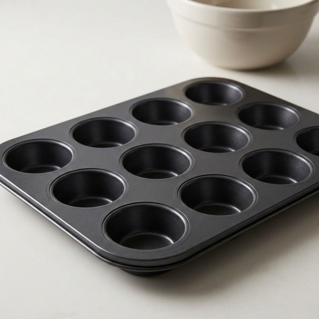A black 12-cup muffin tin tray on a light gray surface, with a white ceramic bowl partially visible in the background.