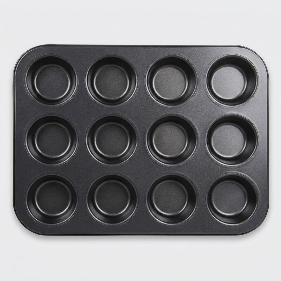 A 12-cup round muffin tin with deep circular cups, shown from a top-down perspective on a light gray background.