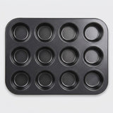 A 12-cup round muffin tin with deep circular cups, shown from a top-down perspective on a light gray background.