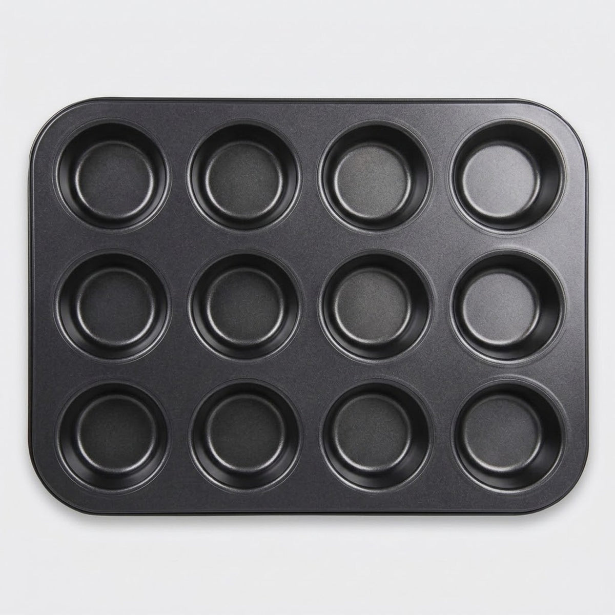 A 12-cup round muffin tin with deep circular cups, shown from a top-down perspective on a light gray background.