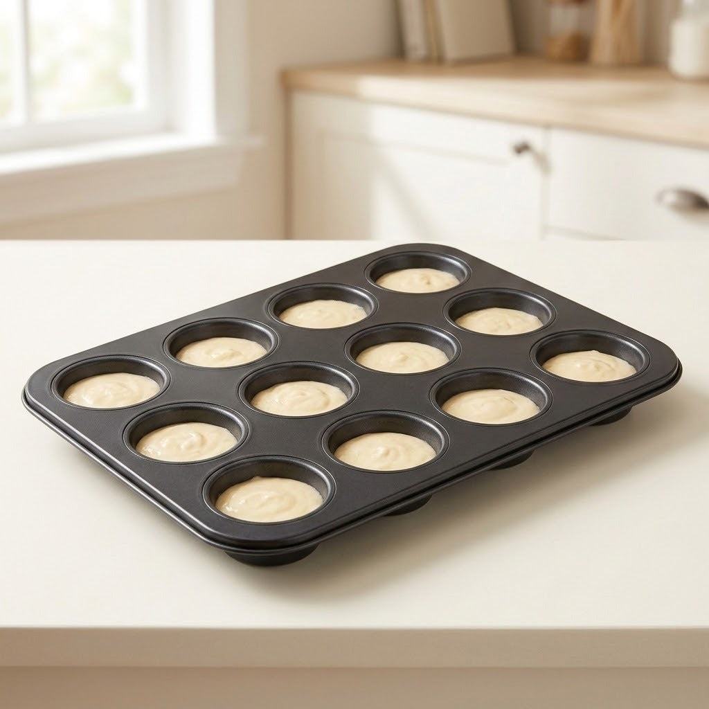 A 12-cup black muffin tin filled with pale batter, placed on a light countertop in a softly blurred kitchen setting.