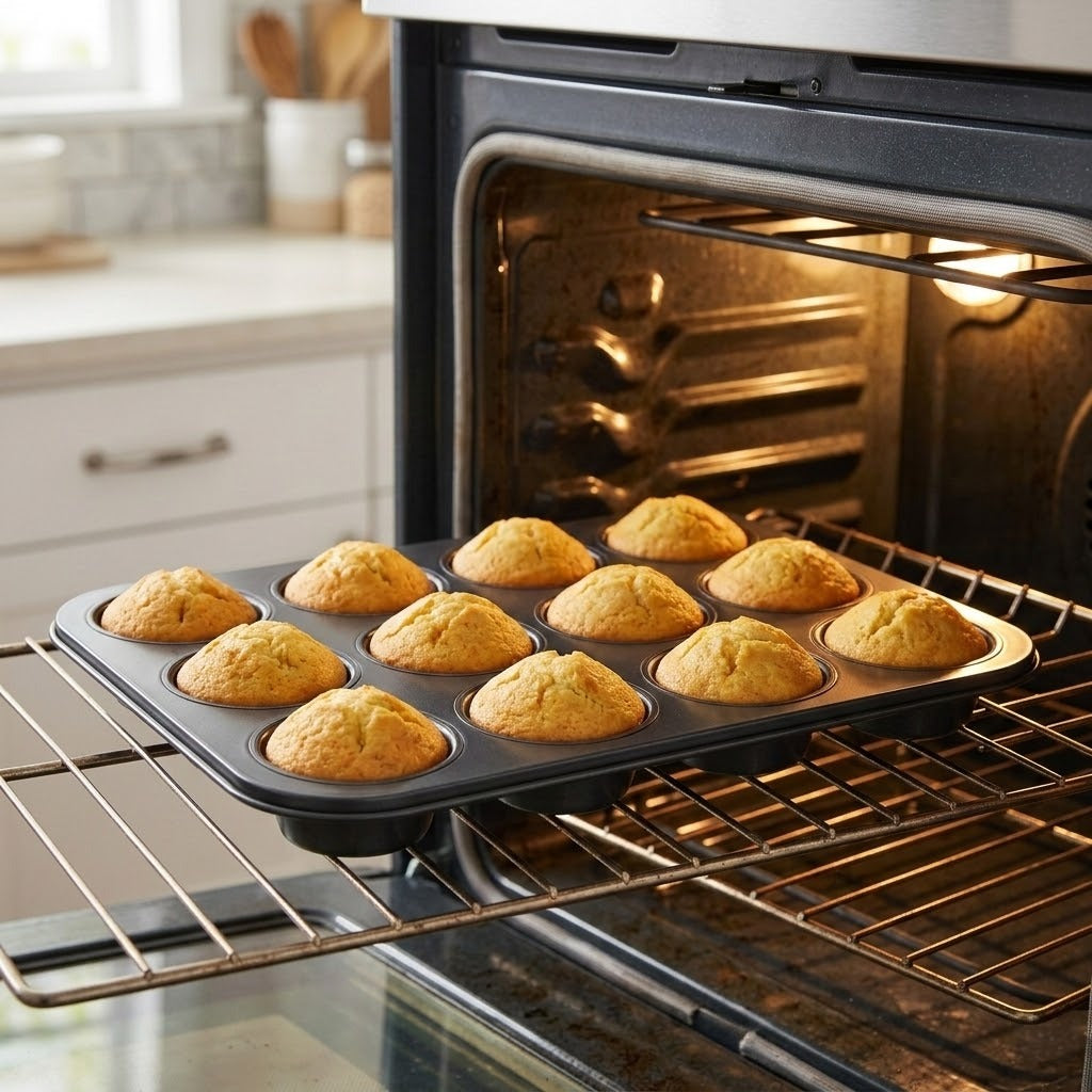 A dark gray non-stick muffin tin with 12 golden-brown baked muffins, shown being pulled out of an oven on a metal rack.