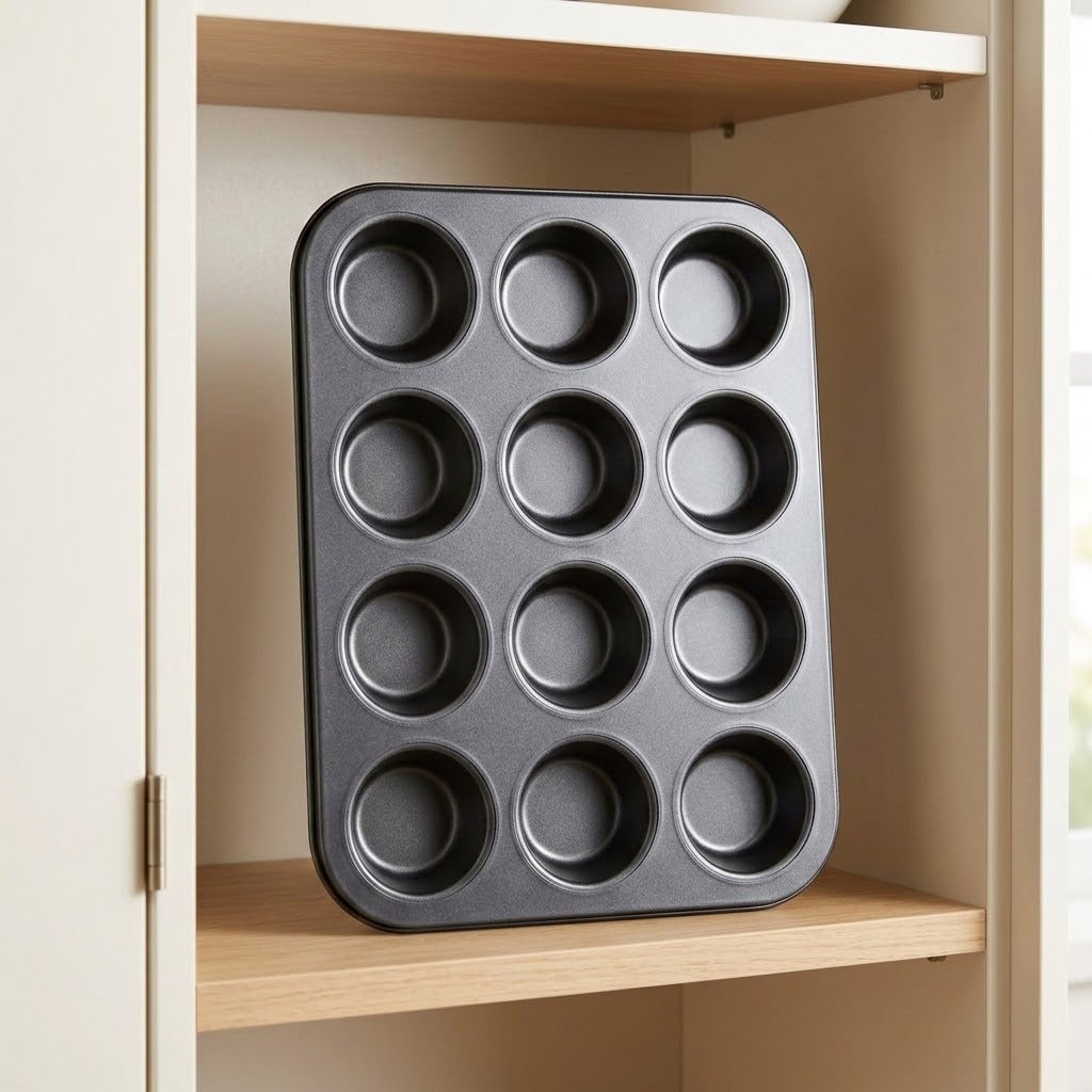 A dark gray non-stick 16-cup muffin tin resting on a light wood shelf inside a beige kitchen cabinet.