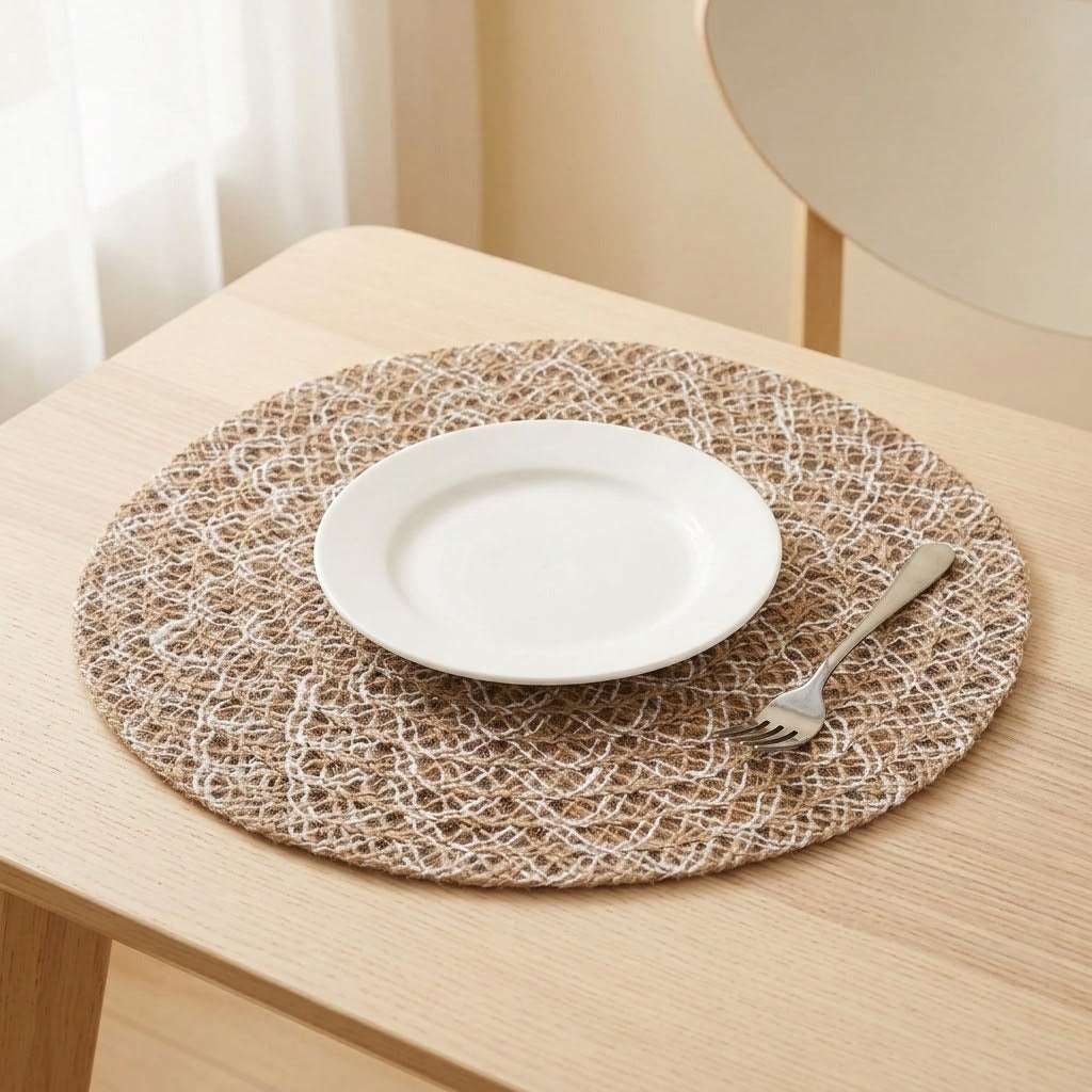 A round woven placemat in beige and white sits on a light wood table, styled with a white plate and a silver fork.