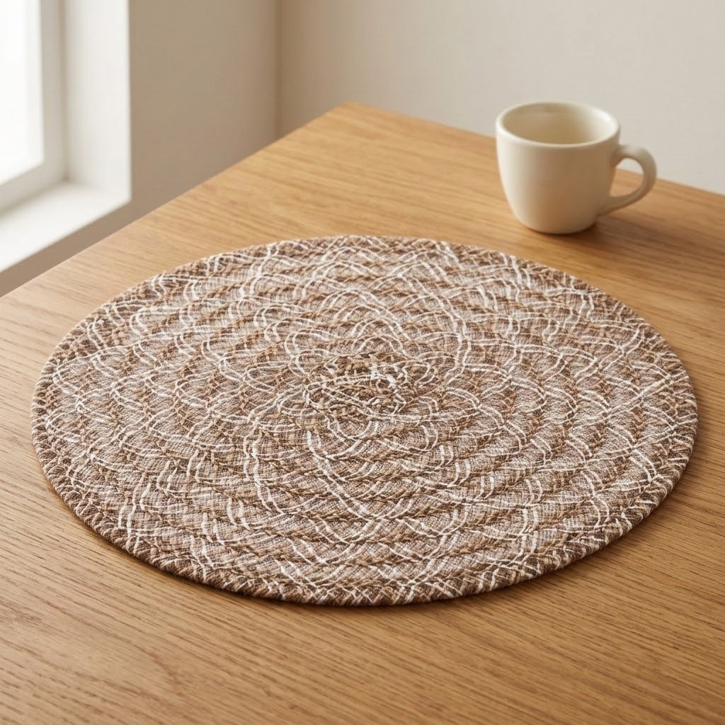 A round woven placemat with a textured geometric pattern in beige and brown sits on a light wood table next to a white ceramic mug.
