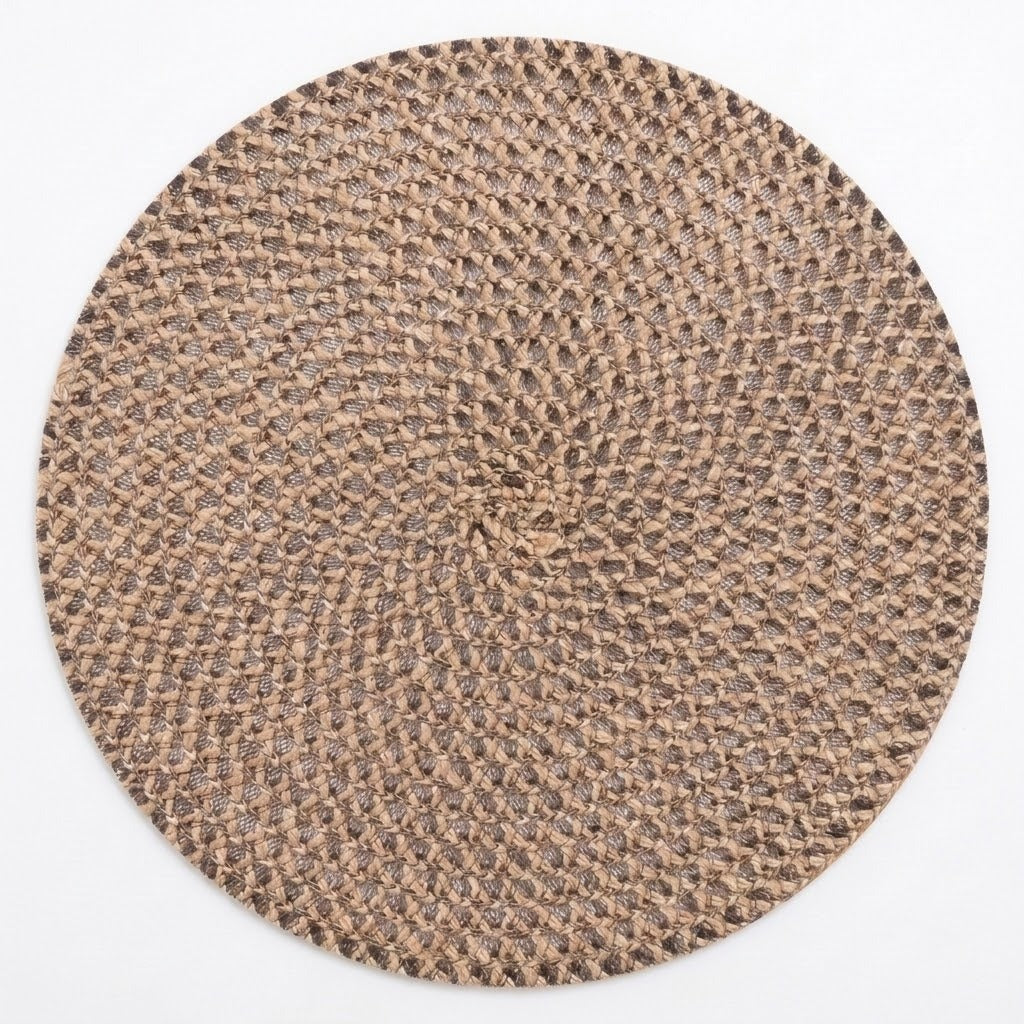 A round braided placemat with a textured woven pattern in shades of brown and beige, shown flat against a white background.