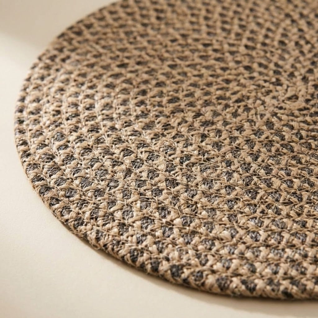 A close-up of a round woven placemat or rug in a braided jute pattern, showing a mix of natural tan and dark brown fibers on a light beige surface.