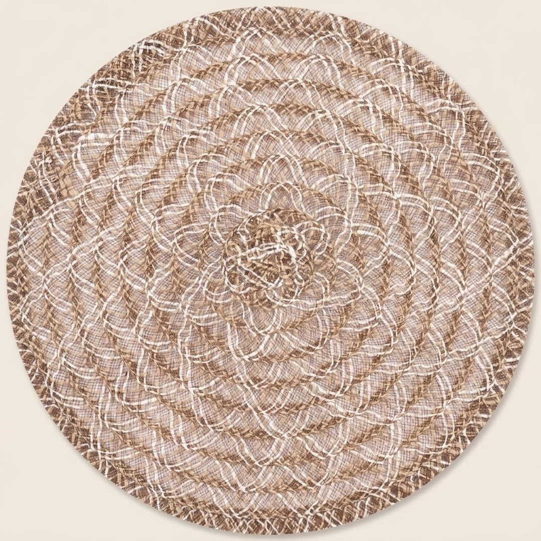 A round braided placemat with a textured spiral pattern in beige and brown, shown on a solid light cream background.
