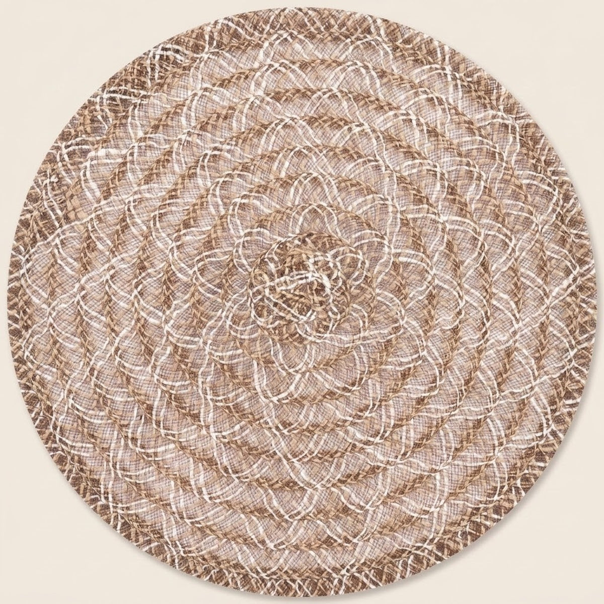 A round braided placemat with a textured spiral pattern in beige and brown, shown on a solid light cream background.