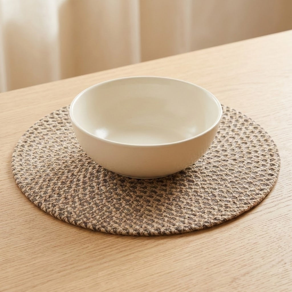 A white ceramic bowl sits on a round woven placemat on a light wood table, with a softly blurred indoor background.