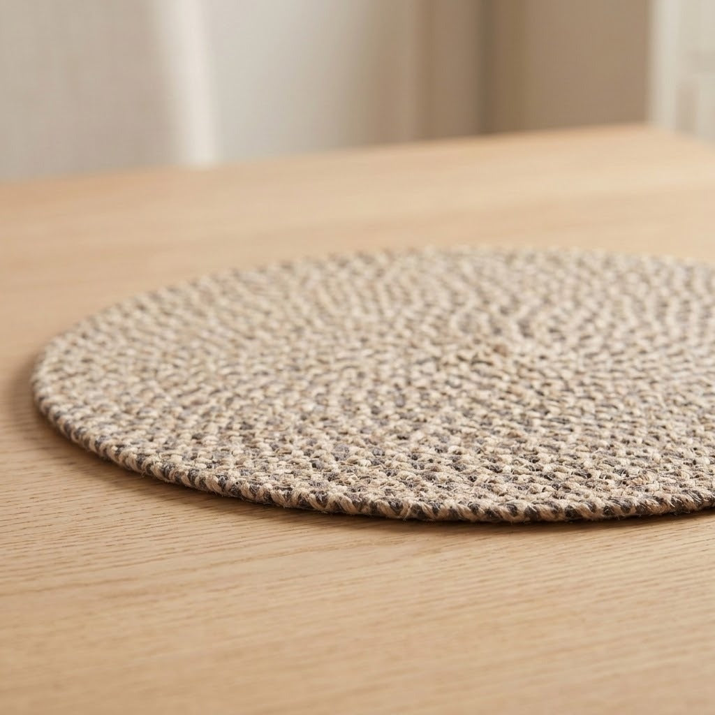 A round woven placemat in a beige and brown textured pattern, shown on a light wood tabletop.