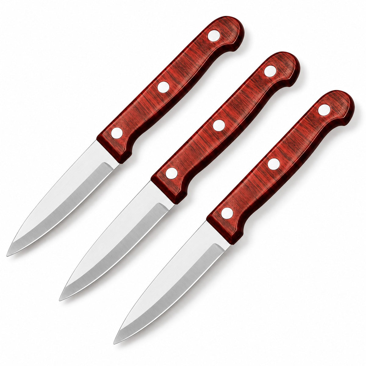 Three stainless steel paring knives with matching reddish wood-grain handles shown on white.
