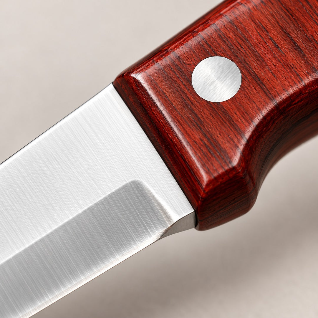 Macro view of the paring knife's polished stainless blade and reddish wood-grain handle finish.
