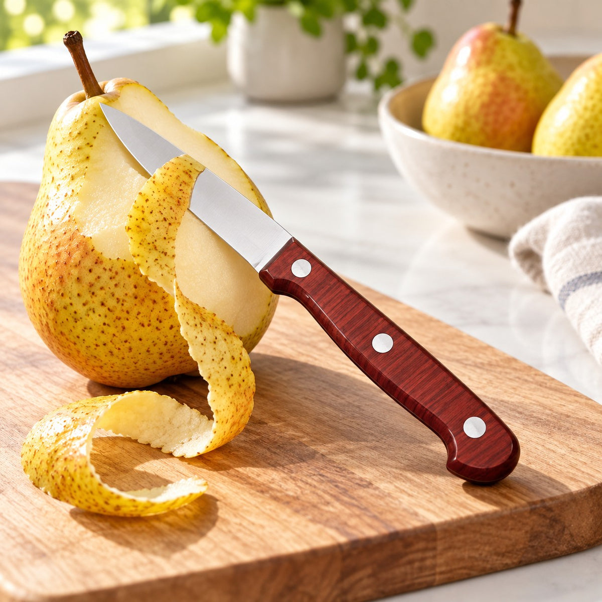 A stainless steel paring knife peels a pear on a kitchen board for everyday fruit preparation.