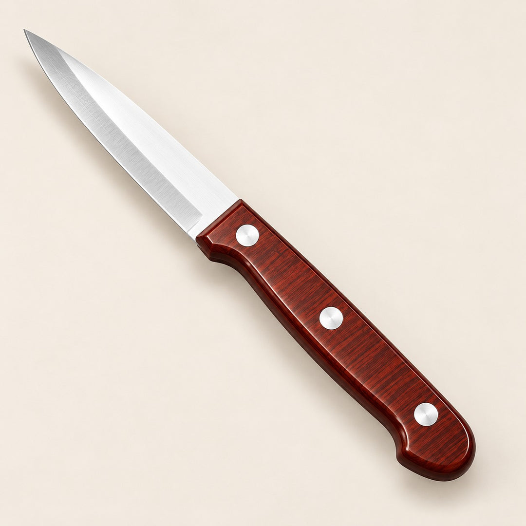 A stainless steel paring knife displays its pointed blade and three-rivet wood-grain handle.