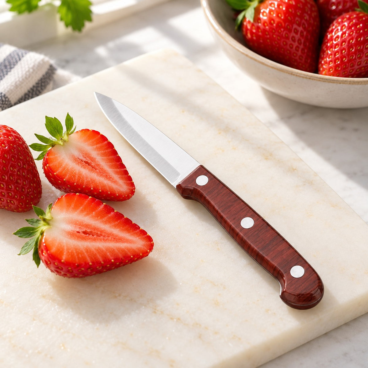 A stainless steel paring knife sits beside sliced strawberries on a bright kitchen cutting board.