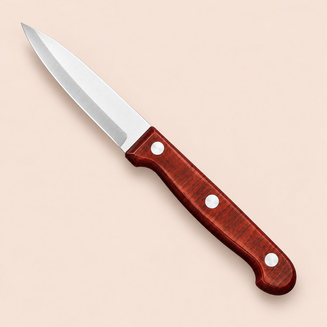 One stainless steel paring knife with a reddish three-rivet handle on a soft rose backdrop.