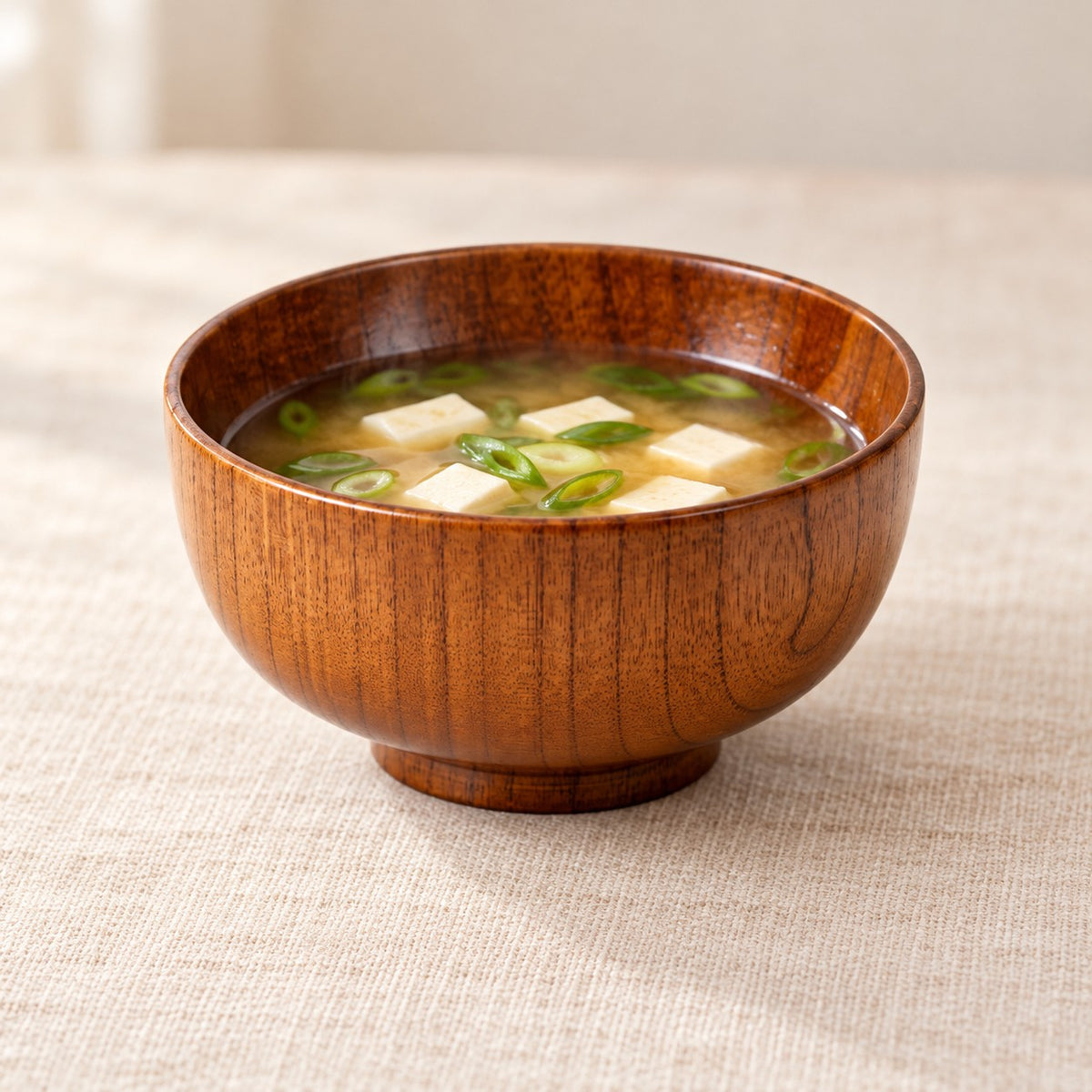 Japanese-style wooden soup bowl holding tofu soup at a simple home dining table.