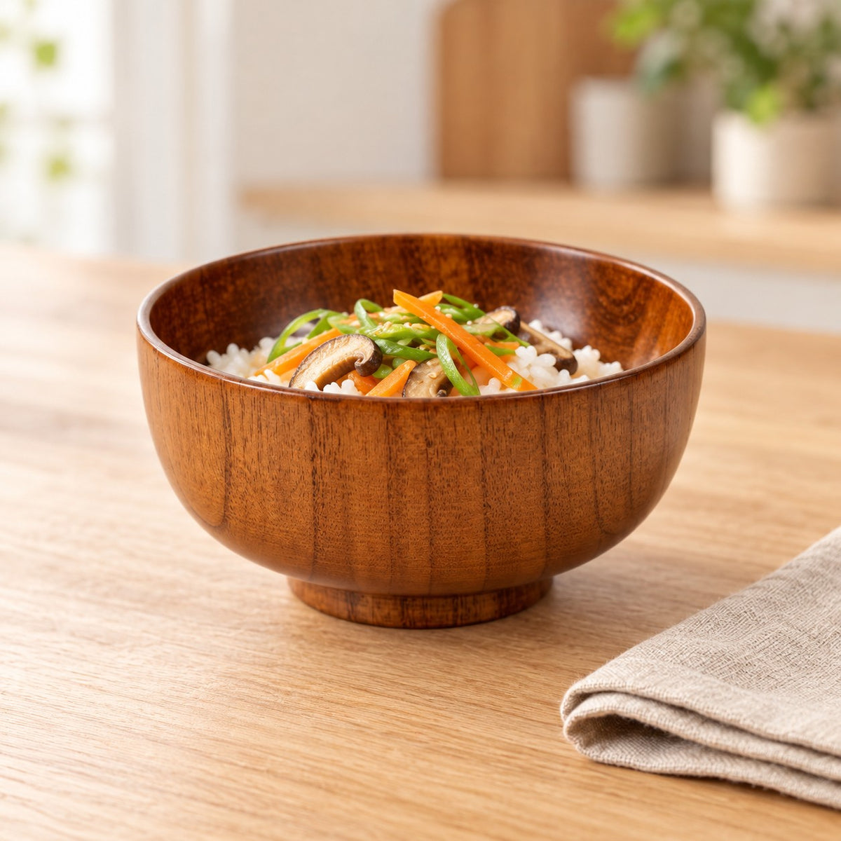 Japanese-style wooden soup bowl serving rice and vegetables at a calm home dining table.